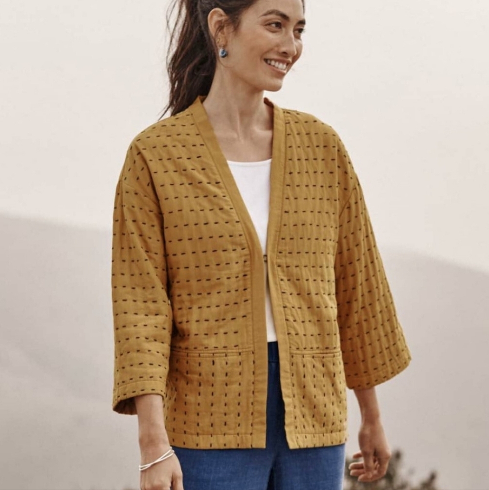 J. Jill Pure Jill Kantha Stitched Jacket Mustard And Navy Sz Petite Small Cotton